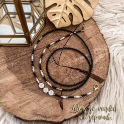 Strap chapa de oro 18k cuentas negra puntos blancos