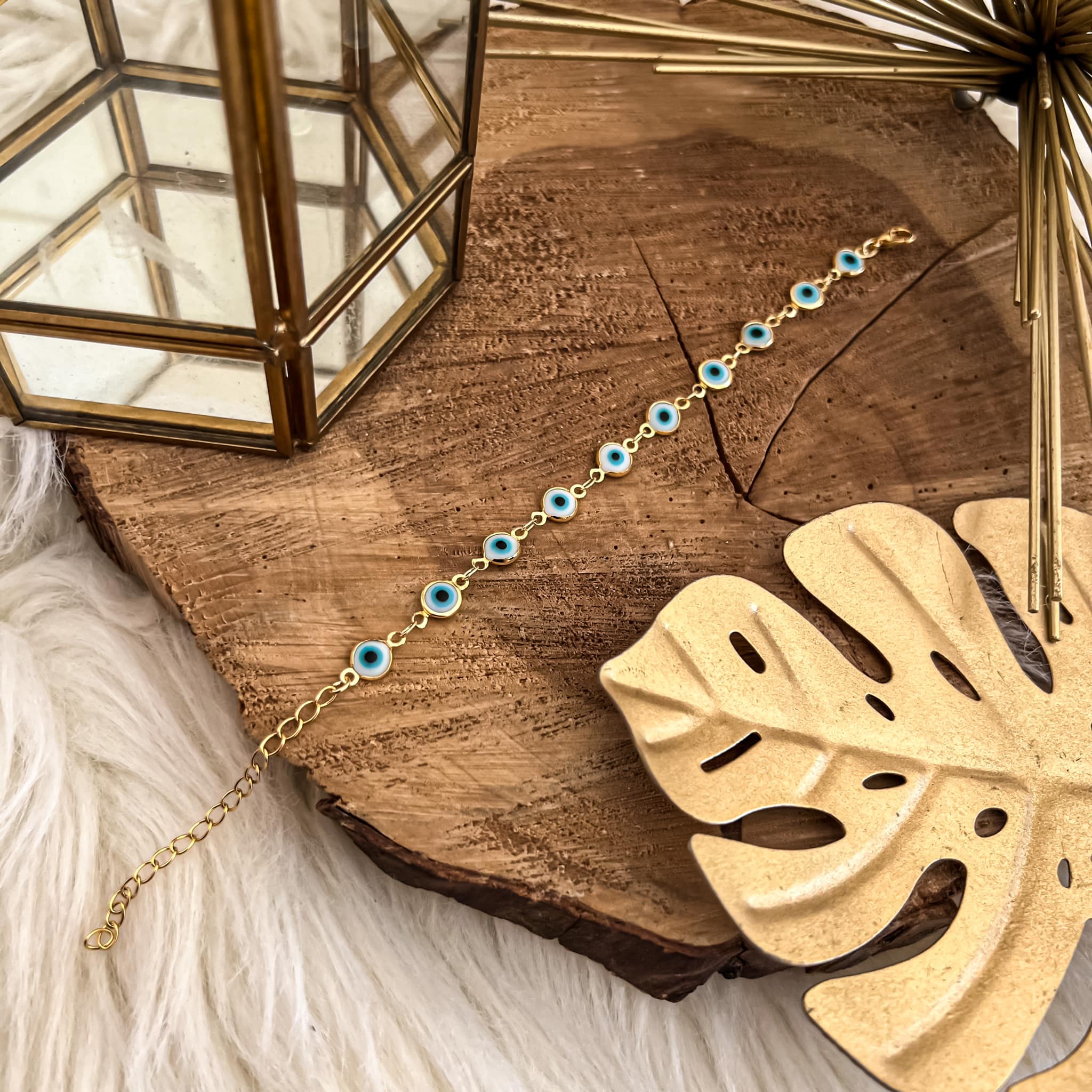 Pulsera ojo turco azul resina chapa de oro 18k