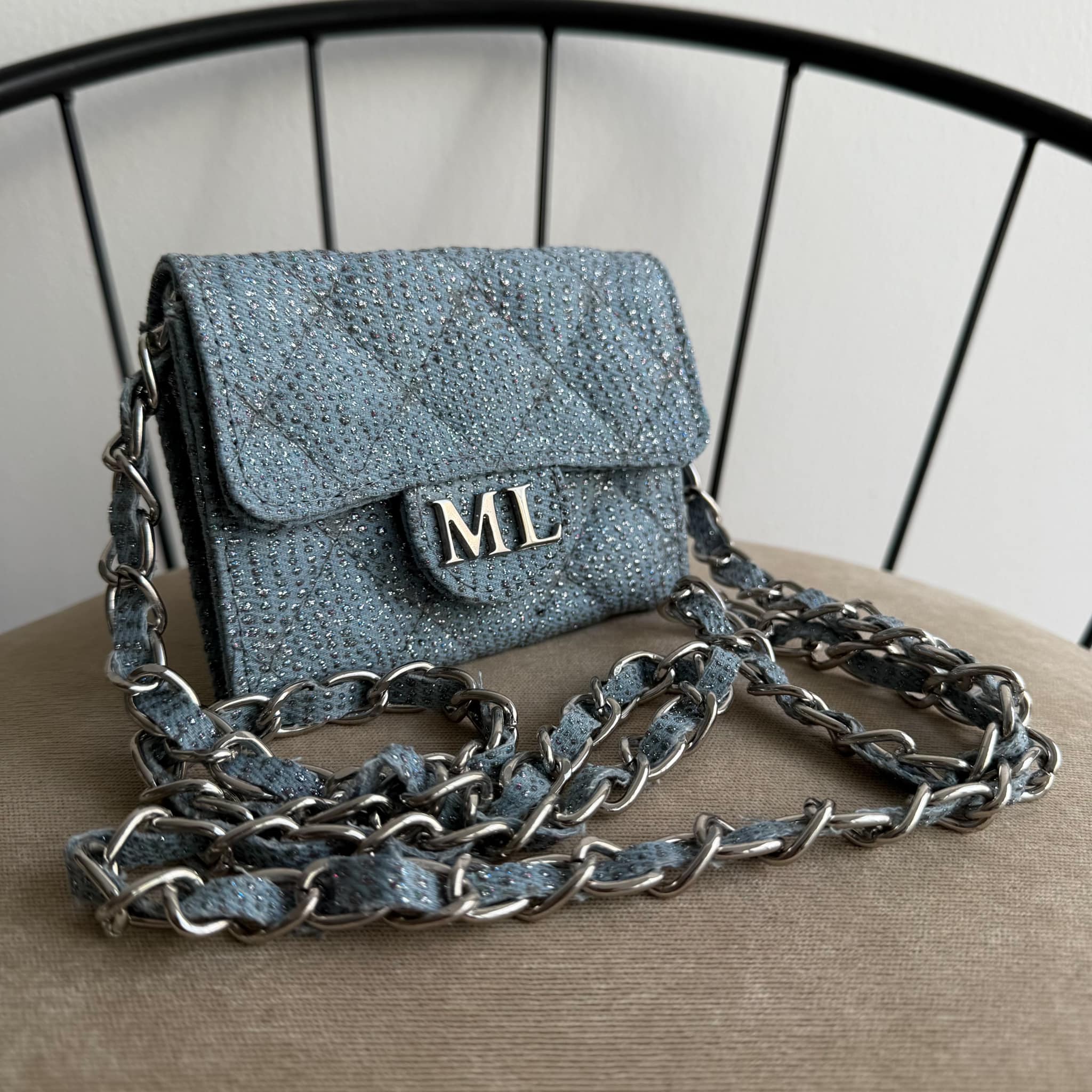 Mini Flap Cadena Plata Color Denim Glitter