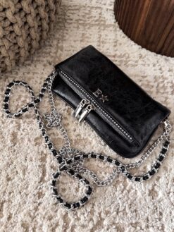 Agni Mini Bag Wet Negro Herrajes Plata + Filo De puntos